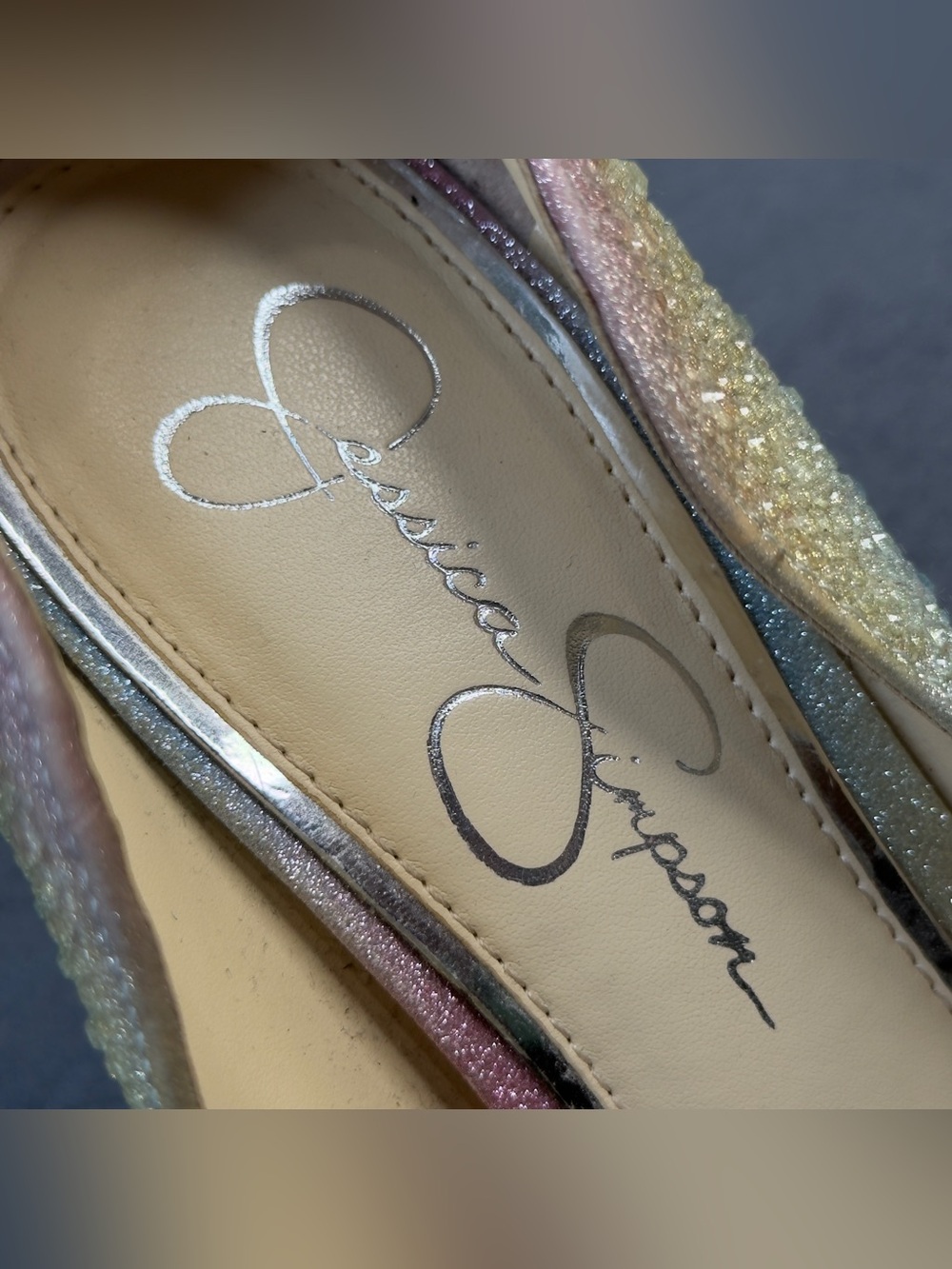 Jessica Simpson Pastel Rainbow Crystal Pointed Toe Pumps - Pink Blue Yellow - Picture 5 of 12